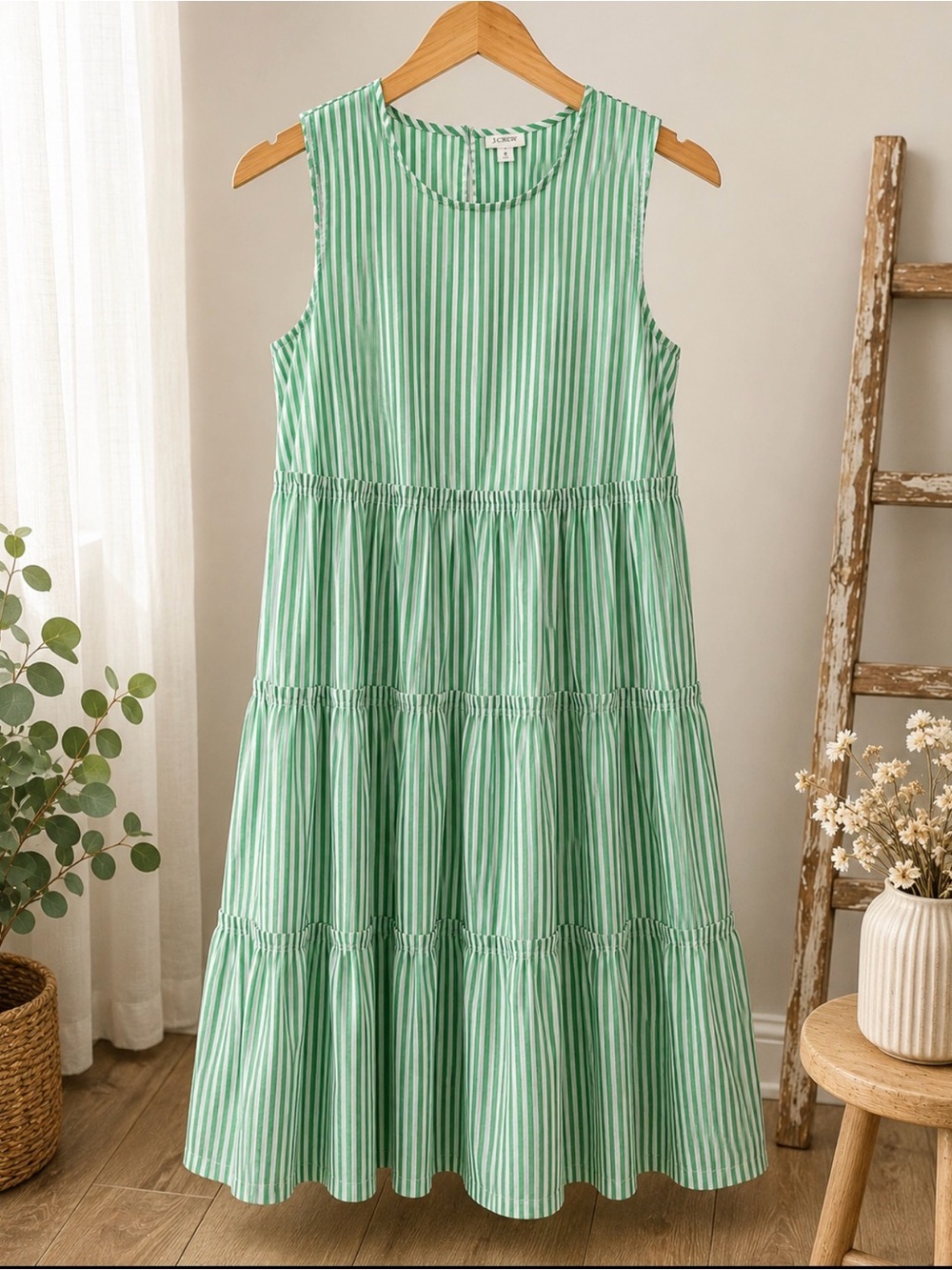 J. Crew Green and White Striped Tiered sleeveless dress size 6